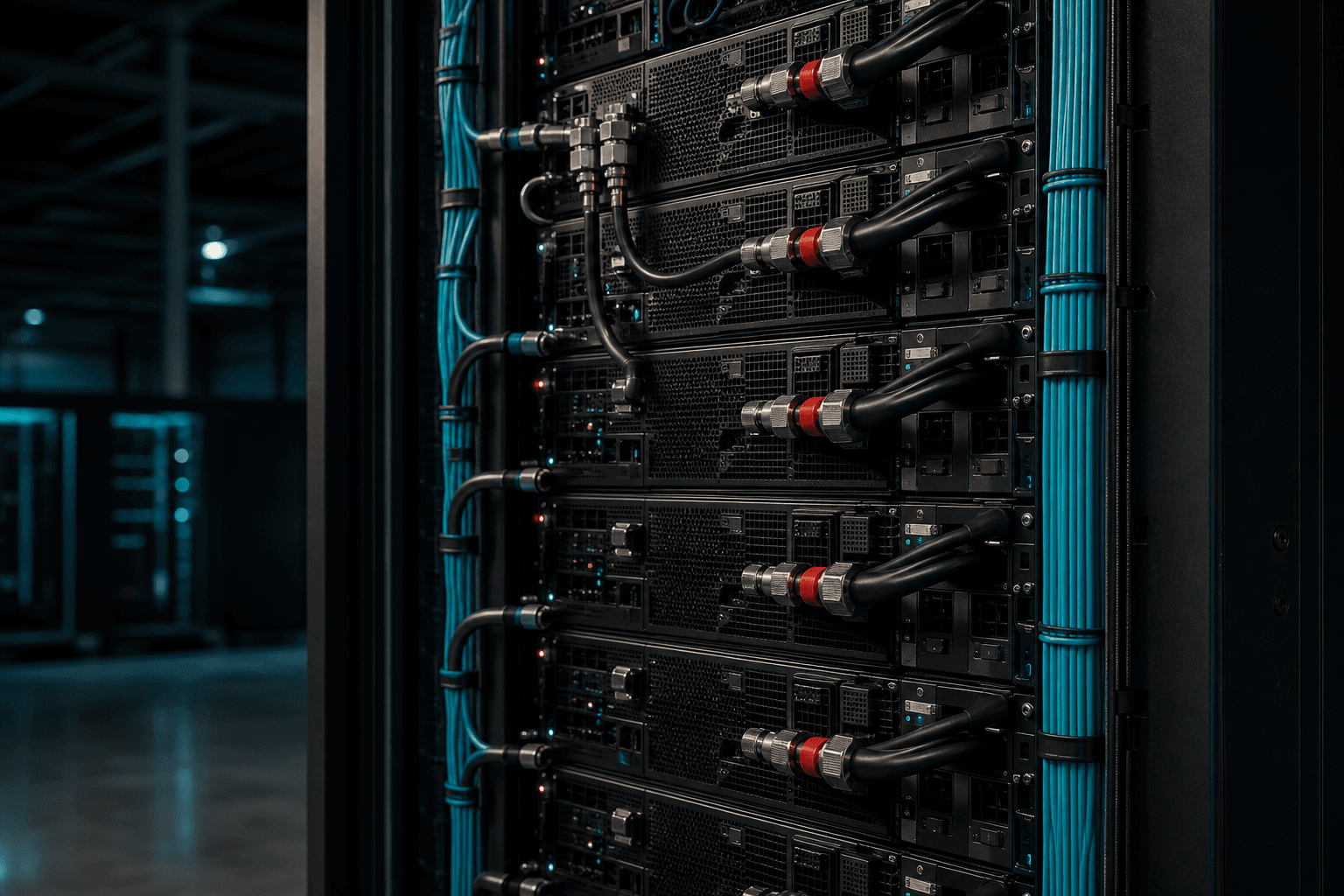 Close-up of liquid-cooled racks with blue and amber cable dressing